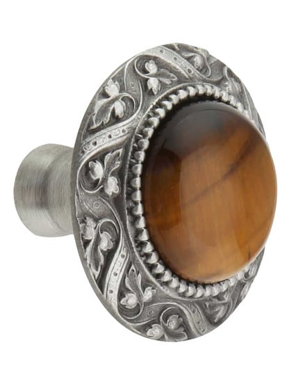Victorian Cabinet Knob Inset with Tiger Eye - 1 5/16 inch Diameter in Antique Pewter.